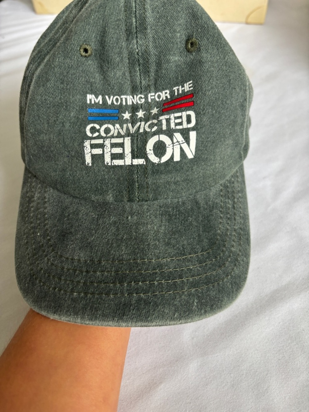 Embroidered 'Convicted Felon' Distressed Baseball Cap - Olive Green